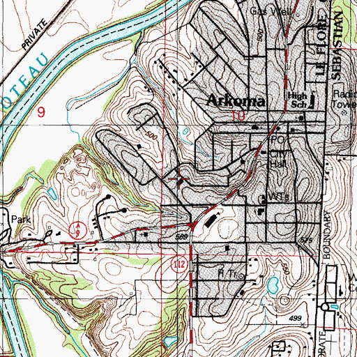 Topographic Map of Arkoma Free Will Baptist Church, OK