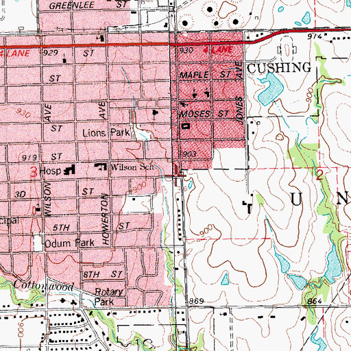 Topographic Map of Cushing Christian Church, OK