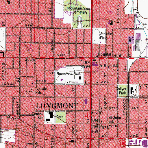 Topographic Map of Roosevelt Park, CO