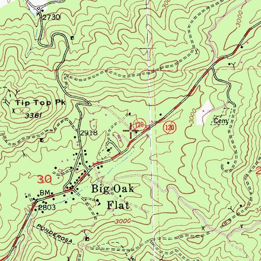 Topographic Map of Big Oak Flat Post Office, CA