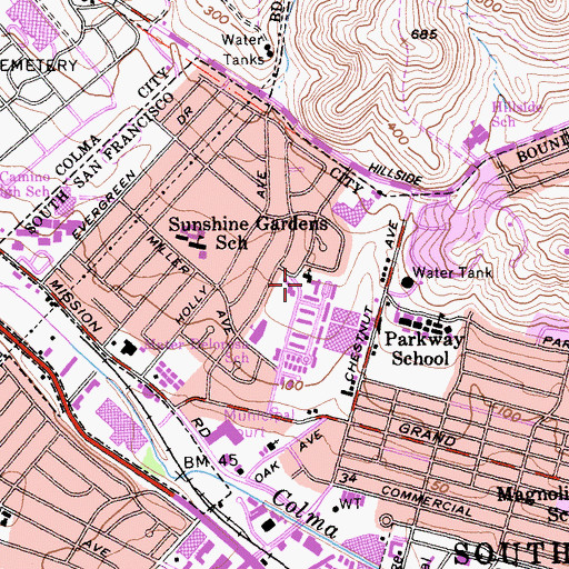 Topographic Map of Lutheran School, CA