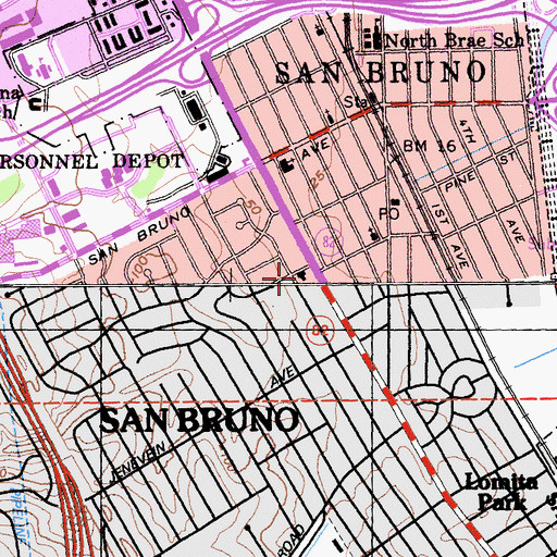 Topographic Map of San Bruno Public Library, CA