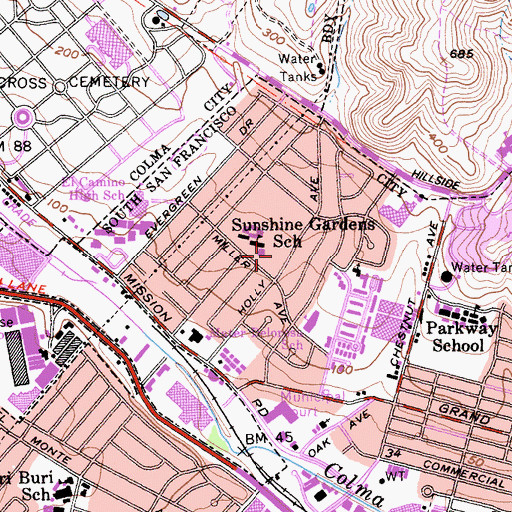 Topographic Map of San Mateo County Court Building, CA