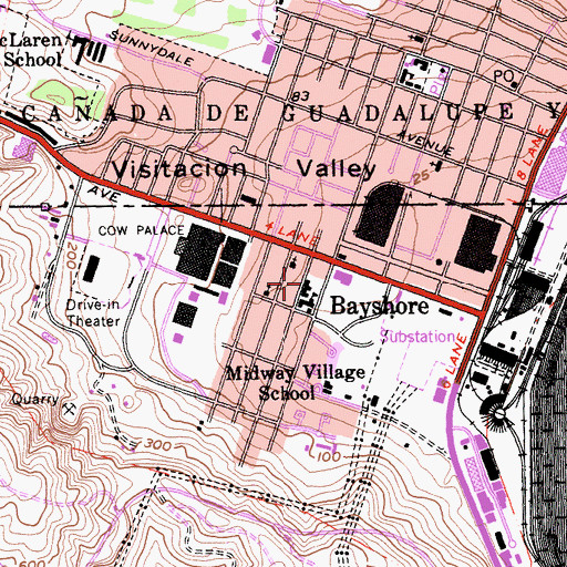 Topographic Map of Bayshore Branch Daly City Public Library, CA