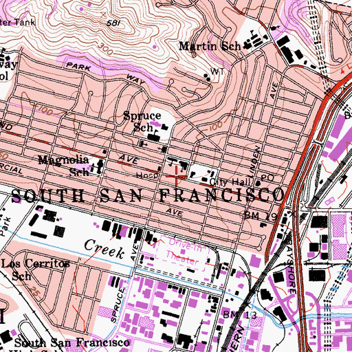 Topographic Map of Grand Avenue Branch South San Francisco Public Library, CA