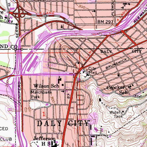 Topographic Map of John D Daly Branch Daly City Public Library, CA