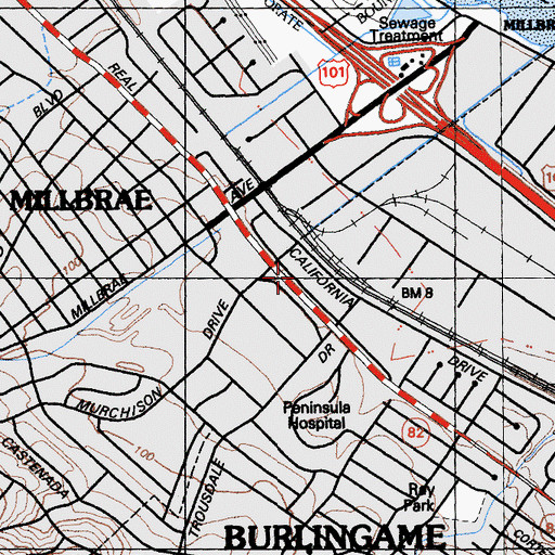 Topographic Map of Burlingame Plaza Shopping Center, CA