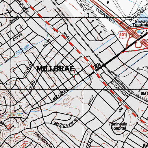 Topographic Map of Mllbrae Bible Church, CA