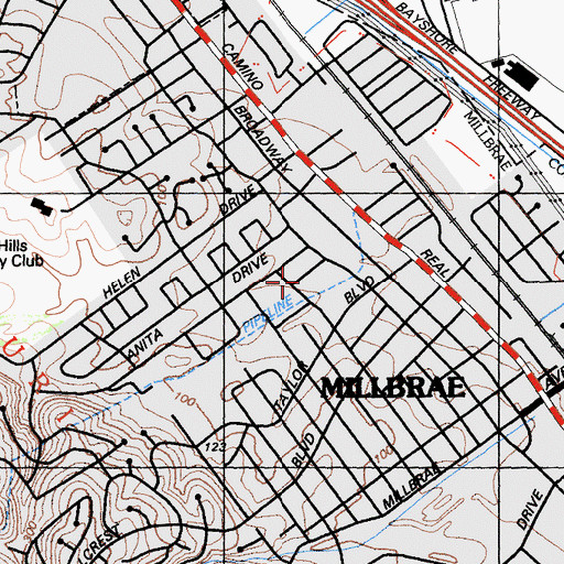 Topographic Map of Millbrae Branch San Mateo County Library, CA