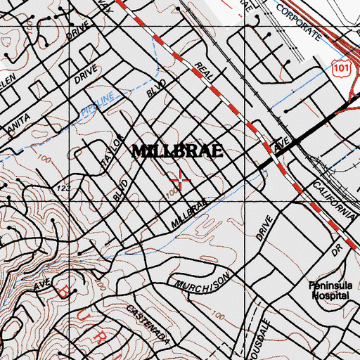 Topographic Map of Millbrae United Methodist Church, CA