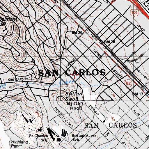 Topographic Map of San Carlos Branch San Mateo County Library, CA