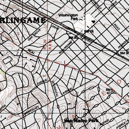 Topographic Map of Burlingame United Methodist Church, CA