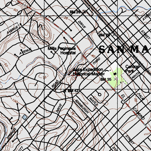 Topographic Map of San Mateo Public Library, CA