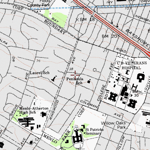 Topographic Map of Menlo Oaks, CA