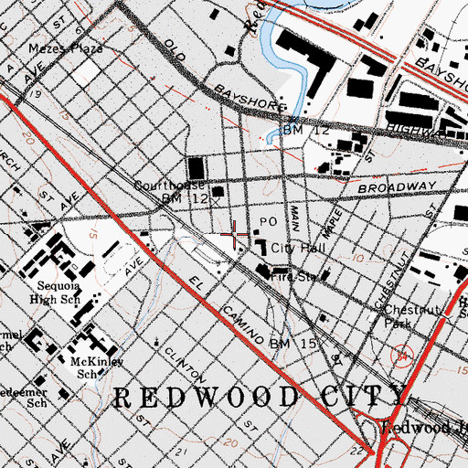 Topographic Map of Downtown Redwood City Post Office, CA