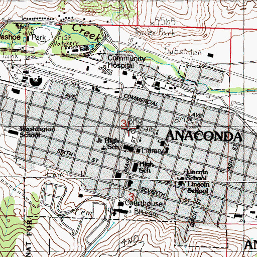 Topographic Map of Anaconda Post Office, MT