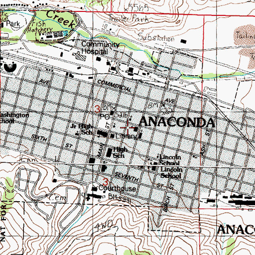 Topographic Map of Fred Moodry Middle School, MT