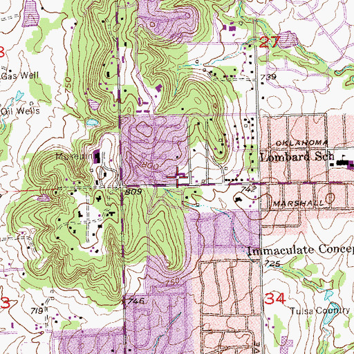 Topographic Map of Gilcrease Hills Baptist Church, OK