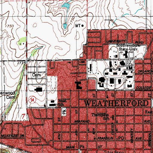 Topographic Map of First United Methodist Church, OK