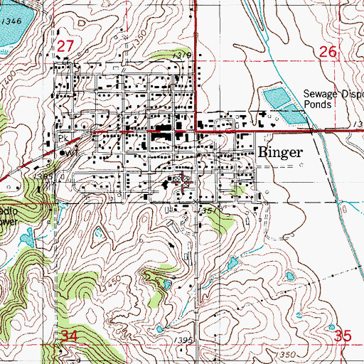 Topographic Map of Binger - Oney High School, OK