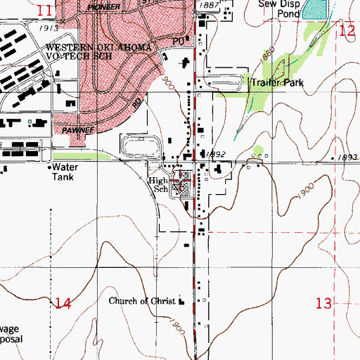 Topographic Map of Burns Flat - Dill City High School, OK