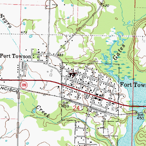 Topographic Map of Fort Towson High School, OK