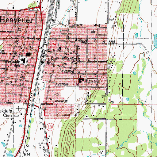 Topographic Map of Heavener High School, OK