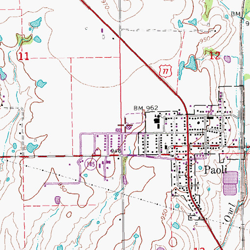 Topographic Map of Paoli High School, OK