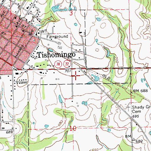 Topographic Map of Tishomingo High School, OK