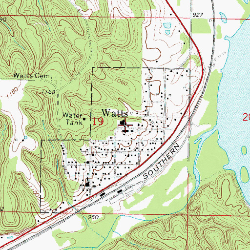 Topographic Map of Watts High School, OK