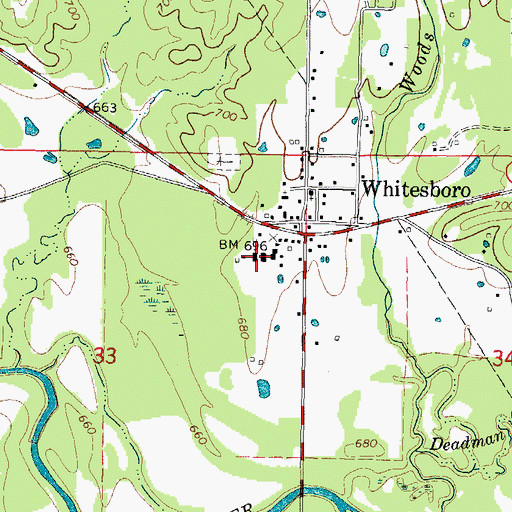 Topographic Map of Whitesboro High School, OK