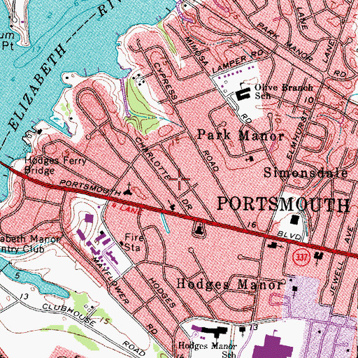 Topographic Map of Elizabeth Acres, VA