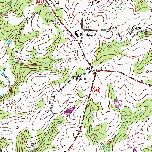 Topographic Map of Woody Cemetery, VA