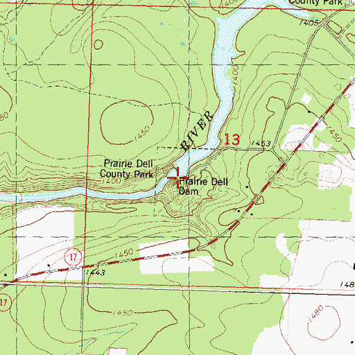 Topographic Map of Prairie Dells Dam (historical), WI
