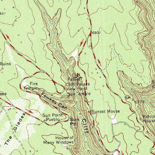 Topographic Map of Cliff Palace, CO