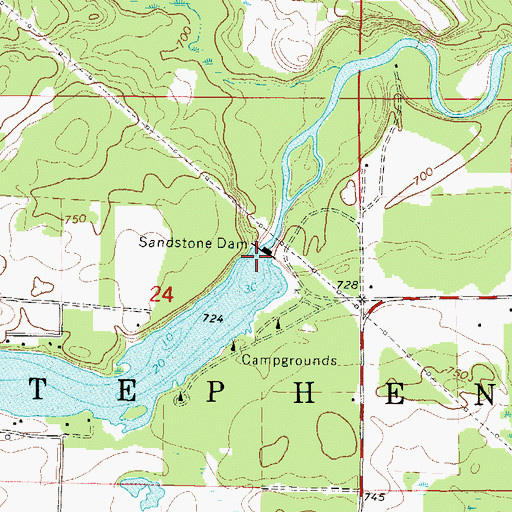 Topographic Map of Sandstone Rapids WP214 Dam, WI