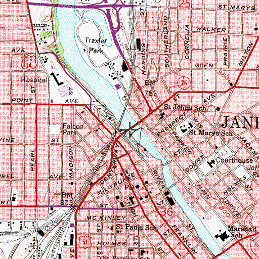 Topographic Map of Janesville Central 1855c353 Dam, WI