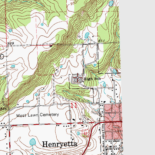 Topographic Map of Henryetta High School, OK