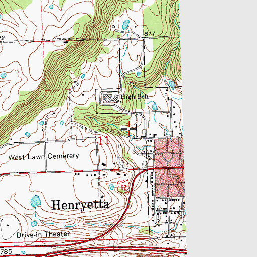 Topographic Map of Henryetta Elementary School, OK