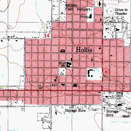 Topographic Map of Hollis Middle School, OK