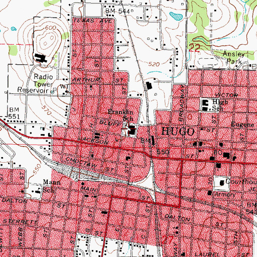 Topographic Map of Hugo Middle School, OK