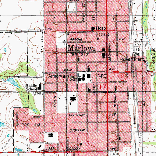Topographic Map of Marlow High School, OK