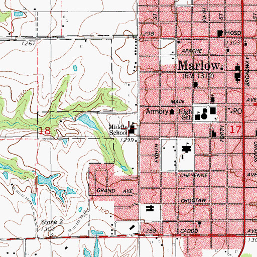 Topographic Map of Marlow Middle School, OK