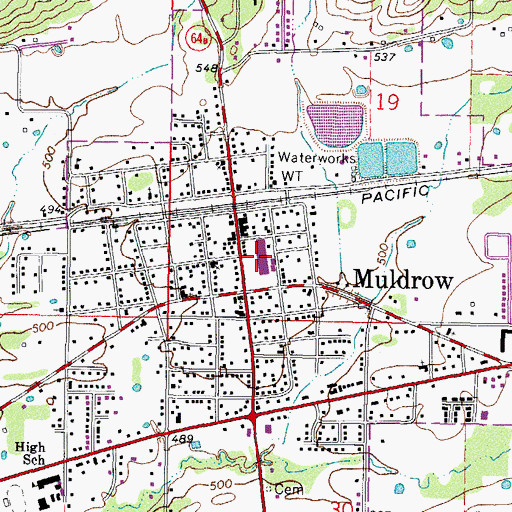 Topographic Map of Muldrow Elementary School, OK
