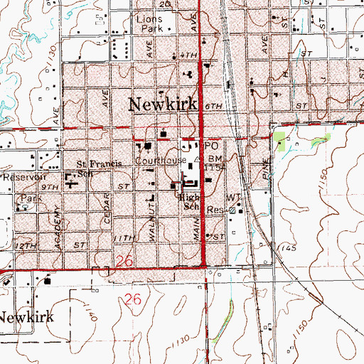 Topographic Map of Newkirk High School, OK