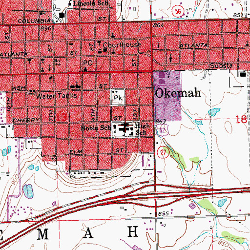 Topographic Map of Okemah Middle School, OK