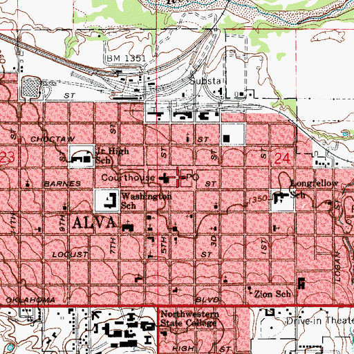 Topographic Map of Alva Post Office, OK