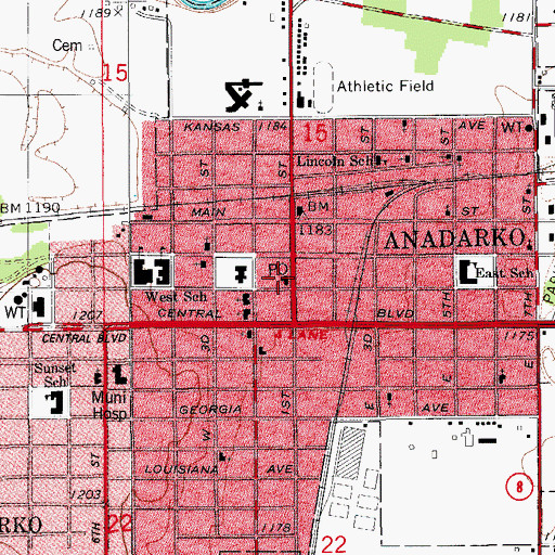 Topographic Map of Anadarko Post Office, OK