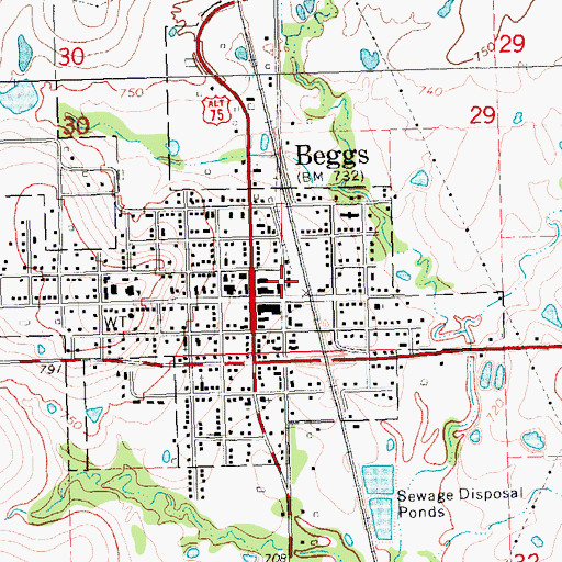 Topographic Map of Beggs Post Office, OK