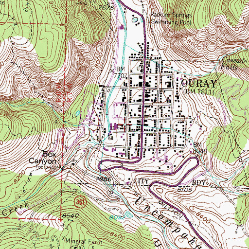 Topographic Map of Ouray Hot Springs, CO